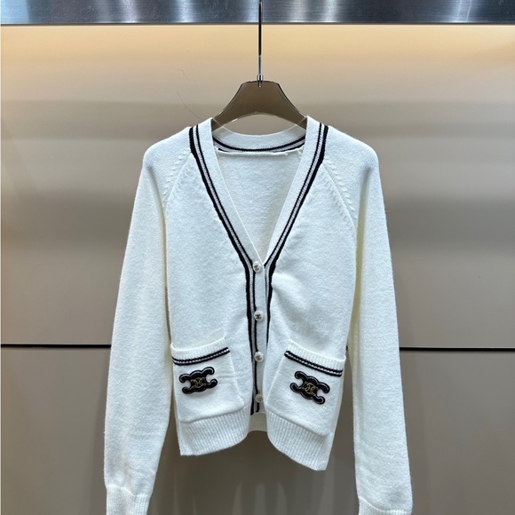 Celine Sweaters - White Cardigan with Black Trim